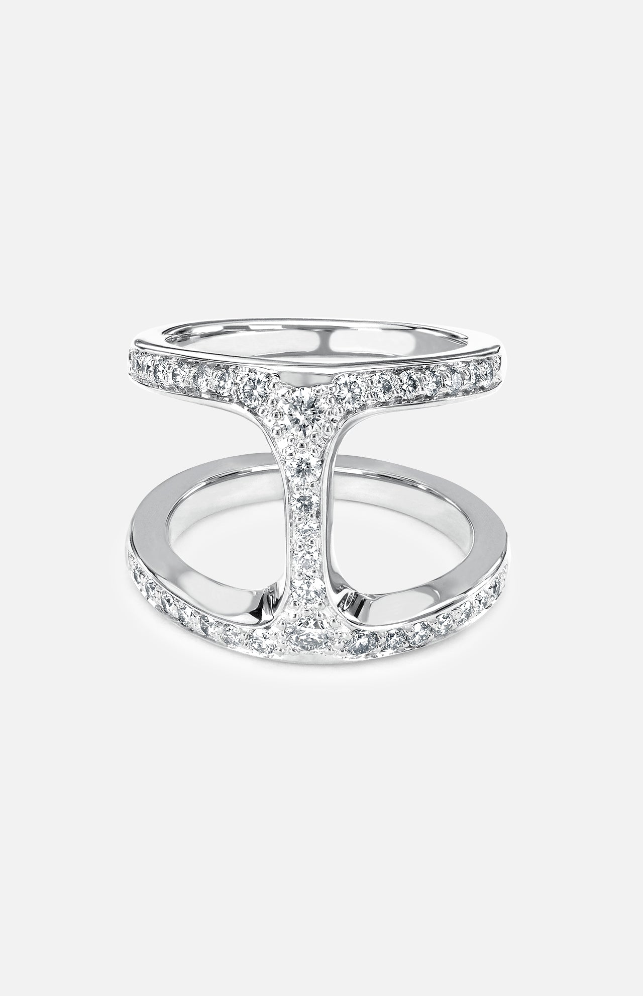 The HOORSENBUHS Dame Phantom W/ Diamonds Ring features two parallel white gold bands linked by a diamond-encrusted vertical bar, shown on a plain white background—an elegant, unisex jewelry piece.