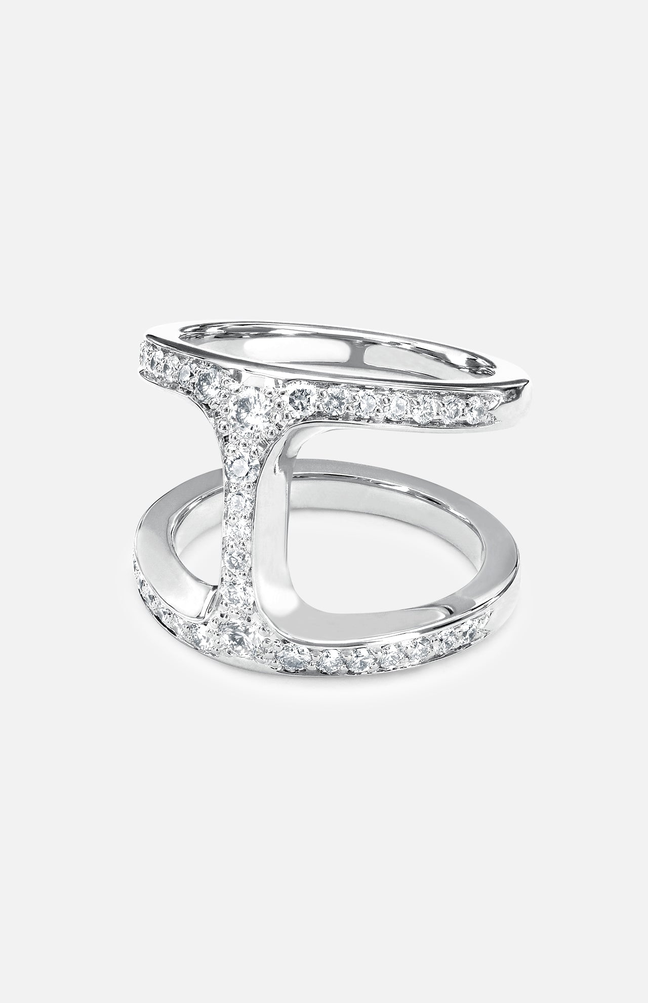 The Dame Phantom W/ Diamonds Ring by HOORSENBUHS features a modern white gold open design with sparkling diamonds, resembling the letter H—this unisex statement piece is shown against a plain light background.