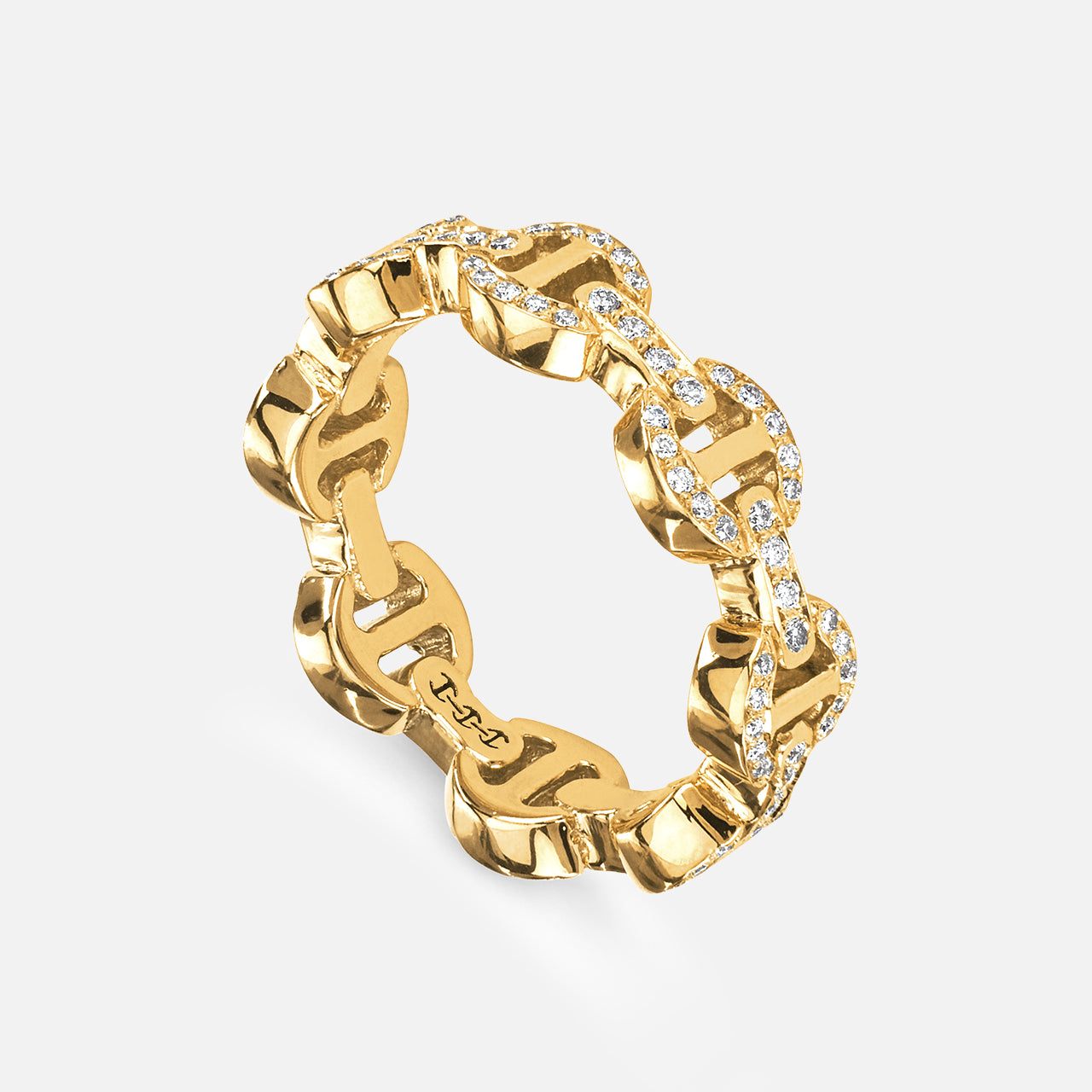 The HOORSENBUHS Dame Tri-Link Antiquated Ring features a yellow gold chain-link design, partially pavé diamond-encrusted, shown against a plain white background.