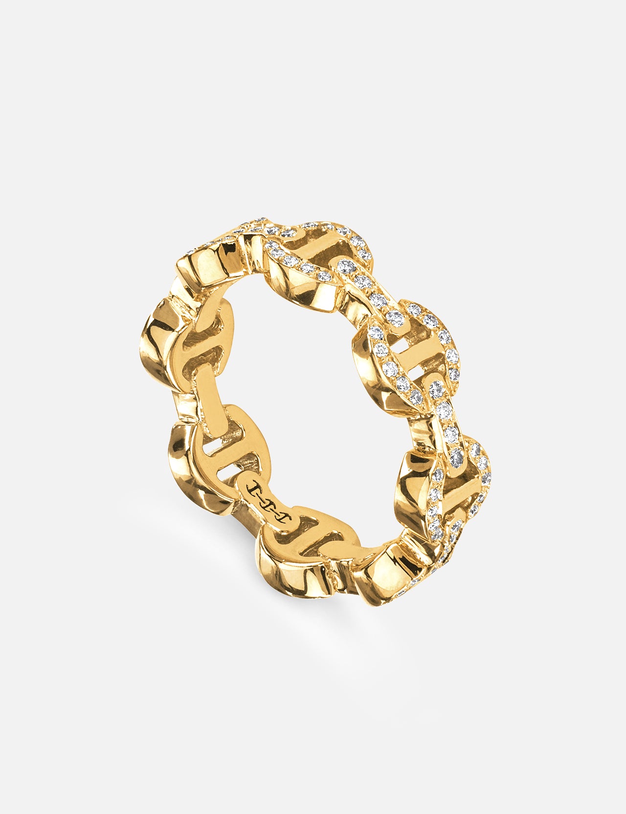 The HOORSENBUHS Dame Tri-Link Antiquated Ring features a yellow gold chain-link design, partially pavé diamond-encrusted, shown against a plain white background.