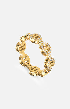The HOORSENBUHS Dame Tri-Link Antiquated Ring features a yellow gold chain-link design, partially pavé diamond-encrusted, shown against a plain white background.