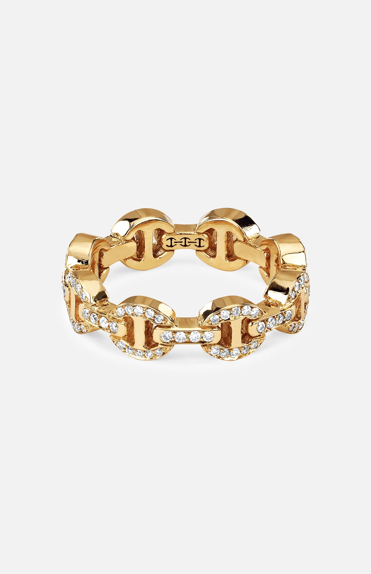 The HOORSENBUHS Dame Tri-Link Antiquated Ring is crafted in yellow gold with an interlocking chain-link design. Several links are pavé diamond-encrusted, all set against a plain white background.
