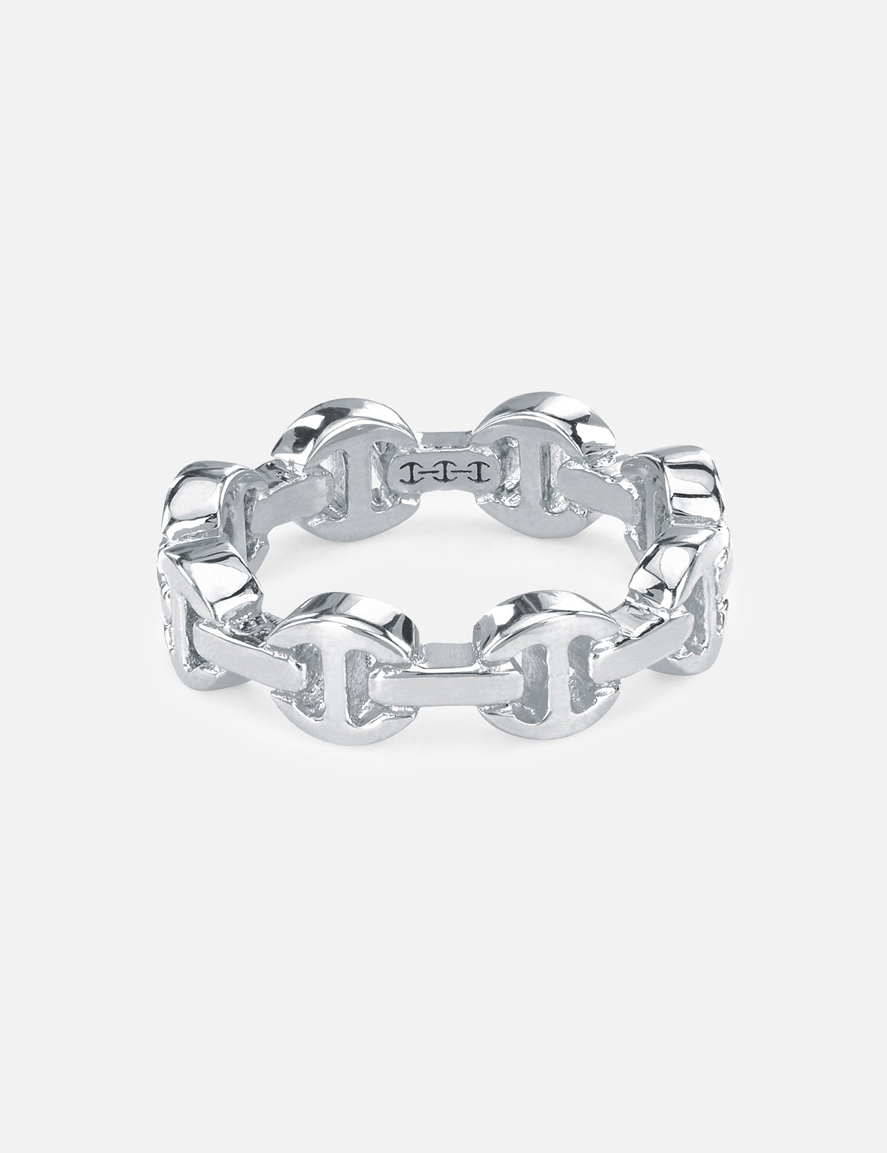 The HOORSENBUHS Dame Tri-Link Ring showcases a polished silver interlocking chain design, photographed on a white background—an ideal unisex jewelry piece.