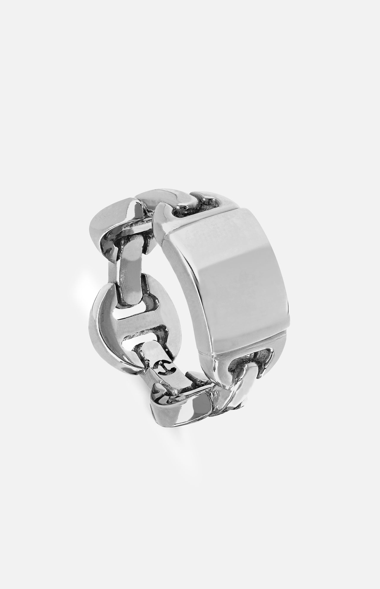 The Brute Classic Tri-Link Monogram Ring by HOORSENBUHS is a bold sterling silver piece, characterized by its chunky tri-link design and a wide, flat rectangular front surface—presented against a plain light background, making it an eye-catching unisex accessory.