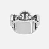 Introducing the Brute Classic Tri-Link Monogram Ring by HOORSENBUHS—a unisex sterling silver ring featuring a distinctive tri-link chain band and a smooth, rectangular central plate. Set against a clean white background, this piece embodies modern elegance and timeless versatility.