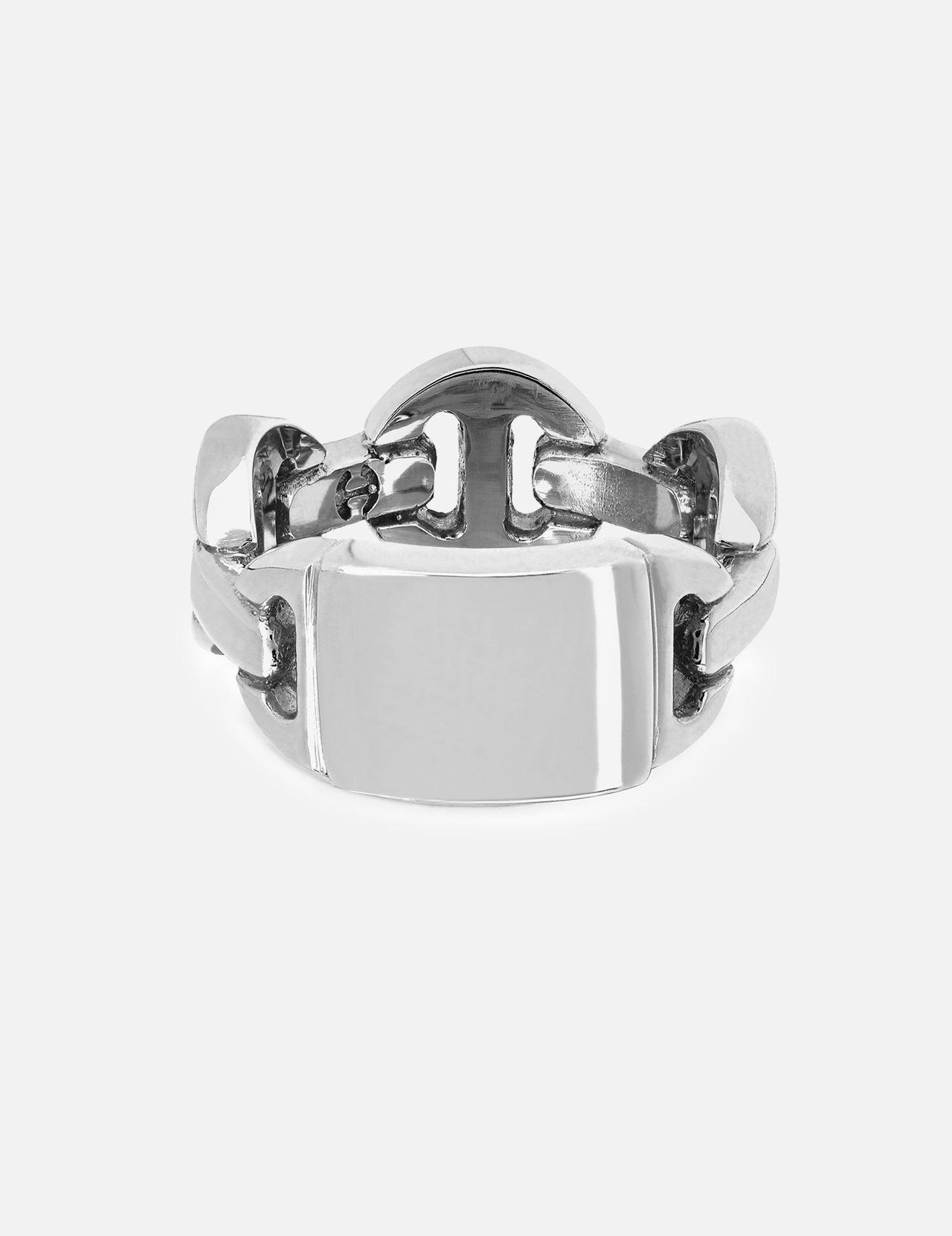 Introducing the Brute Classic Tri-Link Monogram Ring by HOORSENBUHS—a unisex sterling silver ring featuring a distinctive tri-link chain band and a smooth, rectangular central plate. Set against a clean white background, this piece embodies modern elegance and timeless versatility.