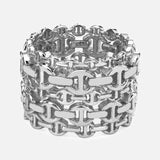 Introducing the Damash Multi-Stacked Ring by HOORSENBUHS—a unisex sterling silver ring that showcases a bold interlocking tri-link design with three stacked rows. Its polished metal finish and contemporary geometric aesthetic make it a striking and versatile accessory.