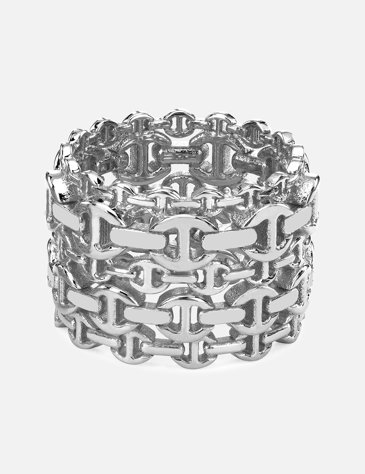 Introducing the Damash Multi-Stacked Ring by HOORSENBUHS—a unisex sterling silver ring that showcases a bold interlocking tri-link design with three stacked rows. Its polished metal finish and contemporary geometric aesthetic make it a striking and versatile accessory.