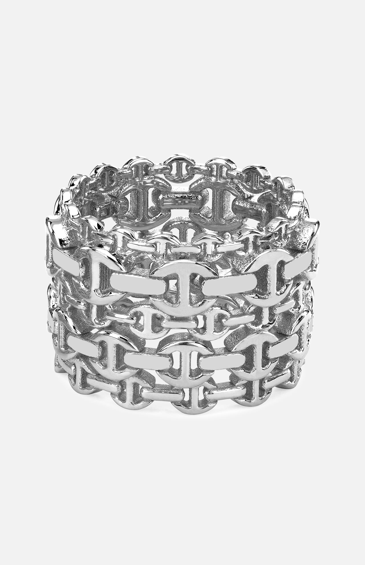 Introducing the Damash Multi-Stacked Ring by HOORSENBUHS—a unisex sterling silver ring that showcases a bold interlocking tri-link design with three stacked rows. Its polished metal finish and contemporary geometric aesthetic make it a striking and versatile accessory.