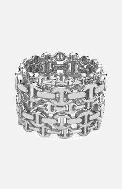 Introducing the Damash Multi-Stacked Ring by HOORSENBUHS—a unisex sterling silver ring that showcases a bold interlocking tri-link design with three stacked rows. Its polished metal finish and contemporary geometric aesthetic make it a striking and versatile accessory.