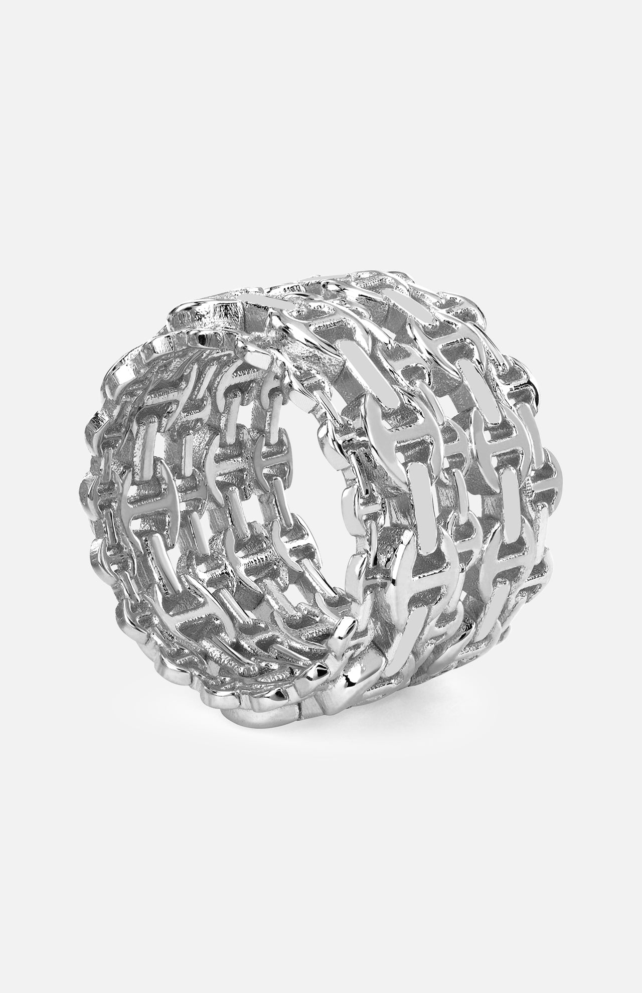 Showcased against a plain white background, the Damash Multi-Stacked Ring by HOORSENBUHS features a bold, chunky sterling silver design with an interlocking tri-link motif—a striking unisex chain-link statement piece.