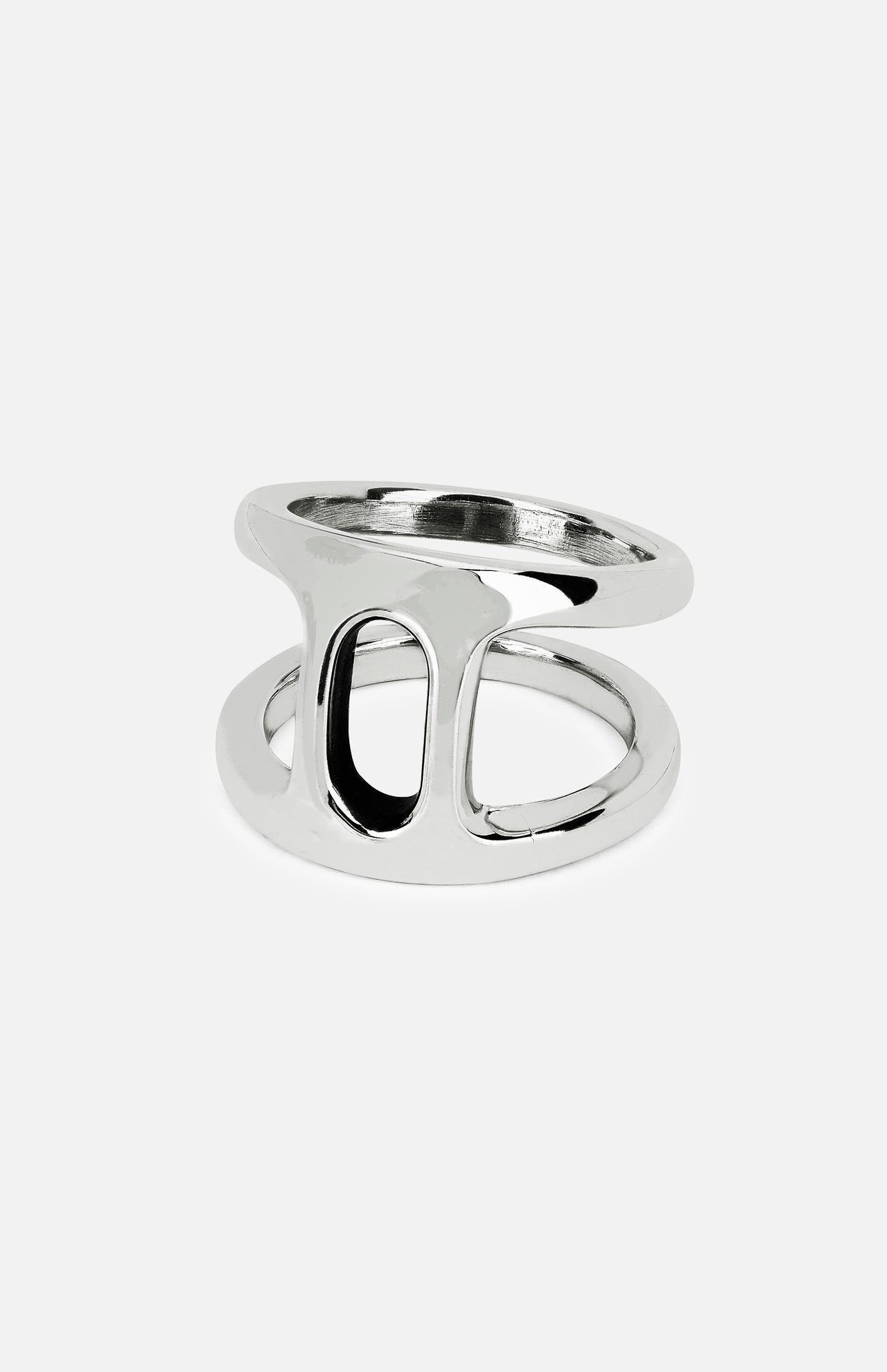 The Dame Phantom II Ring by HOORSENBUHS is a striking example of modern unisex jewelry, crafted in shiny sterling silver with a bold, open geometric design featuring a large oval-shaped cutout at the center and subtle tri-link motif accents. The ring is showcased against a plain white background.
