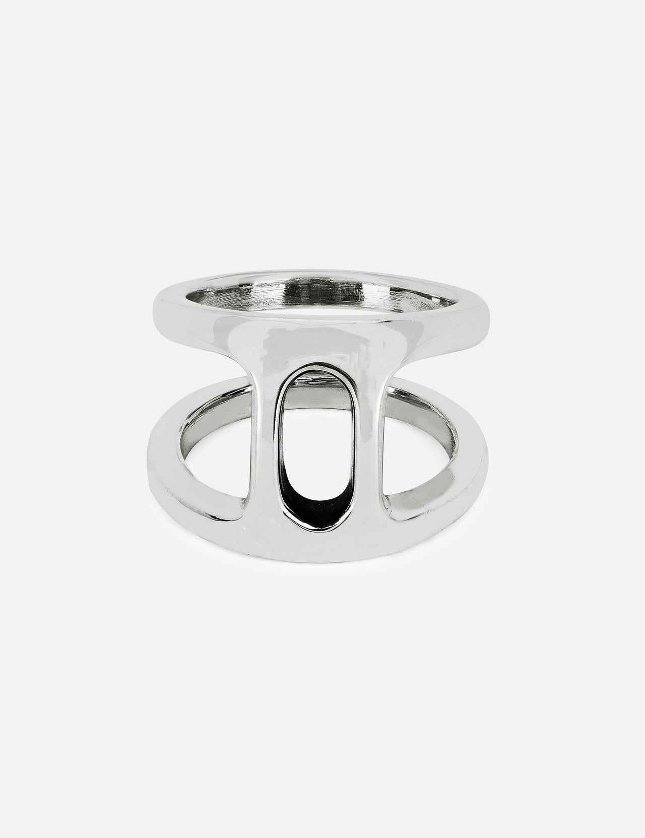 The Dame Phantom II Ring by HOORSENBUHS features two parallel sterling silver bands connected by a vertical bar and an oval cutout at the center, showcasing a subtle tri-link motif. Displayed on a plain white background, this distinctive piece is an ideal choice for unisex jewelry lovers.