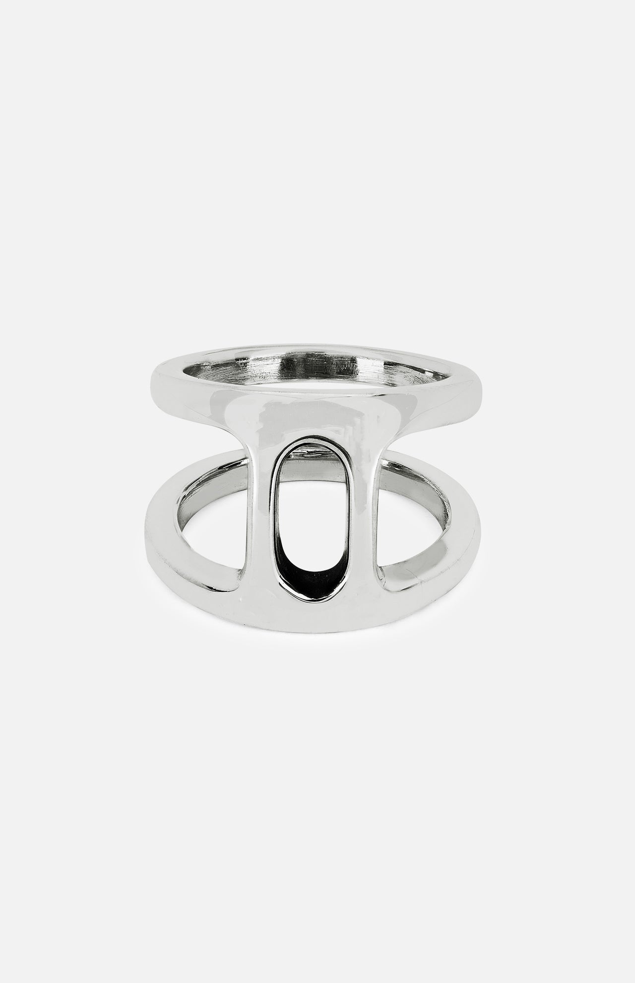 The Dame Phantom II Ring by HOORSENBUHS features two parallel sterling silver bands connected by a vertical bar and an oval cutout at the center, showcasing a subtle tri-link motif. Displayed on a plain white background, this distinctive piece is an ideal choice for unisex jewelry lovers.