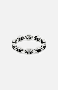 The HOORSENBUHS Micro Dame II Tri-Link Ring, crafted in sterling silver, showcases an interlocking tri-link motif and is pictured against a plain white background.