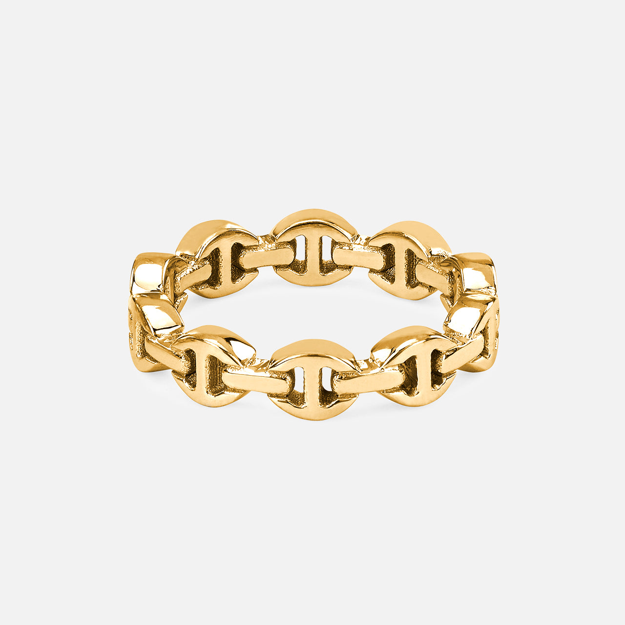 The HOORSENBUHS Micro Dame III Ring features a yellow gold band with an interlocking chain-link and tri-link motif, creating a modern unisex piece. Shown on a plain white background.