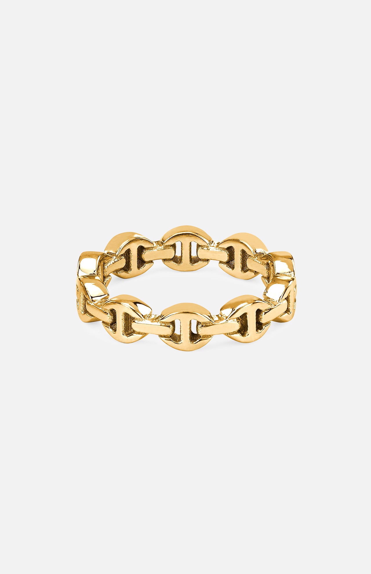The HOORSENBUHS Micro Dame III Ring features a yellow gold band with an interlocking chain-link and tri-link motif, creating a modern unisex piece. Shown on a plain white background.