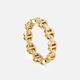 The HOORSENBUHS Micro Dame III Ring, a yellow gold band with an interlocking tri-link chain motif, is displayed standing upright against a plain white background.
