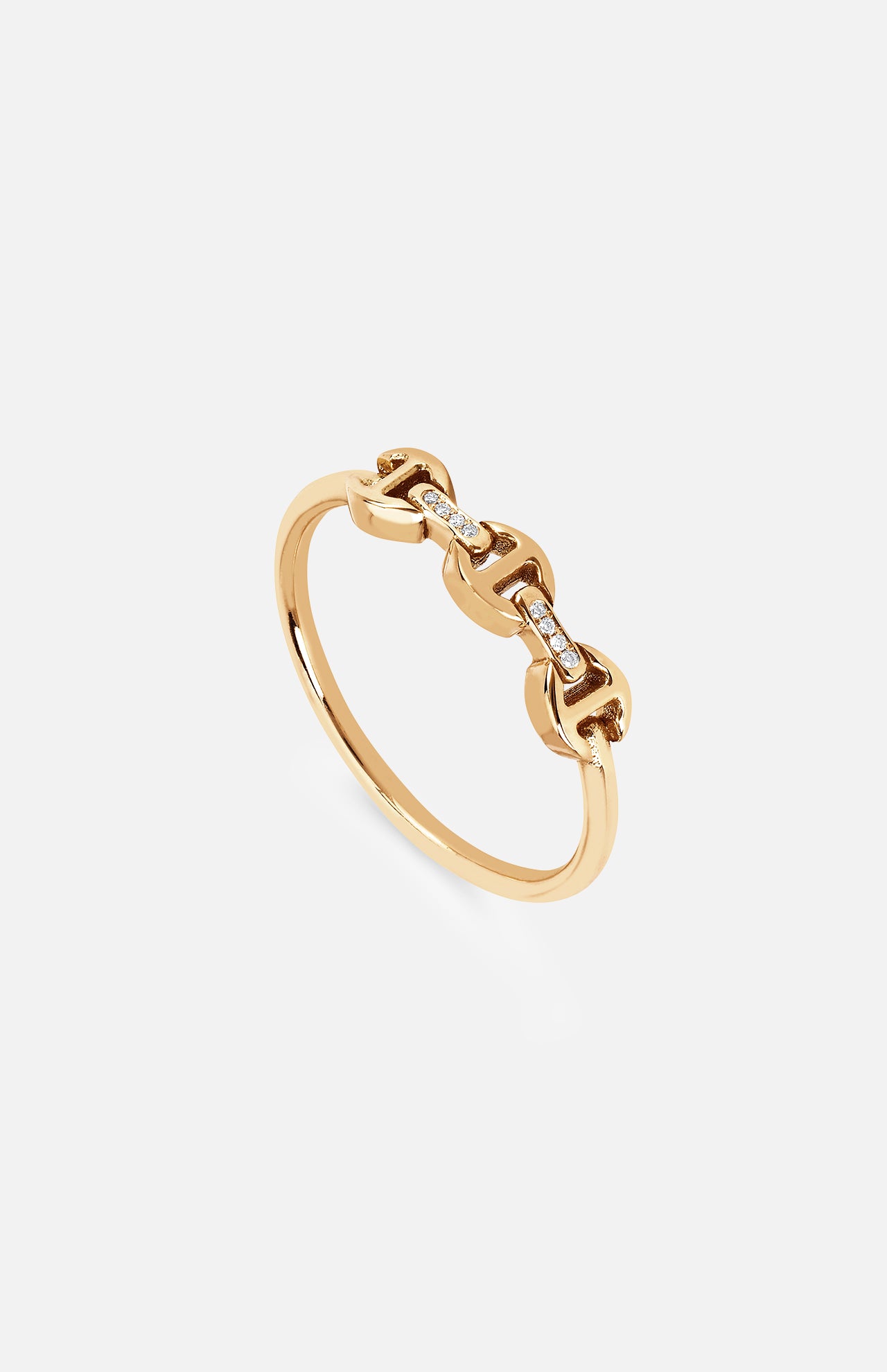 The HOORSENBUHS Micro Makers Diamond Bridges Ring in gold features interlocking chain links with petite embedded diamonds, shown on a plain white background—a unisex piece that brings refined sophistication to any style.