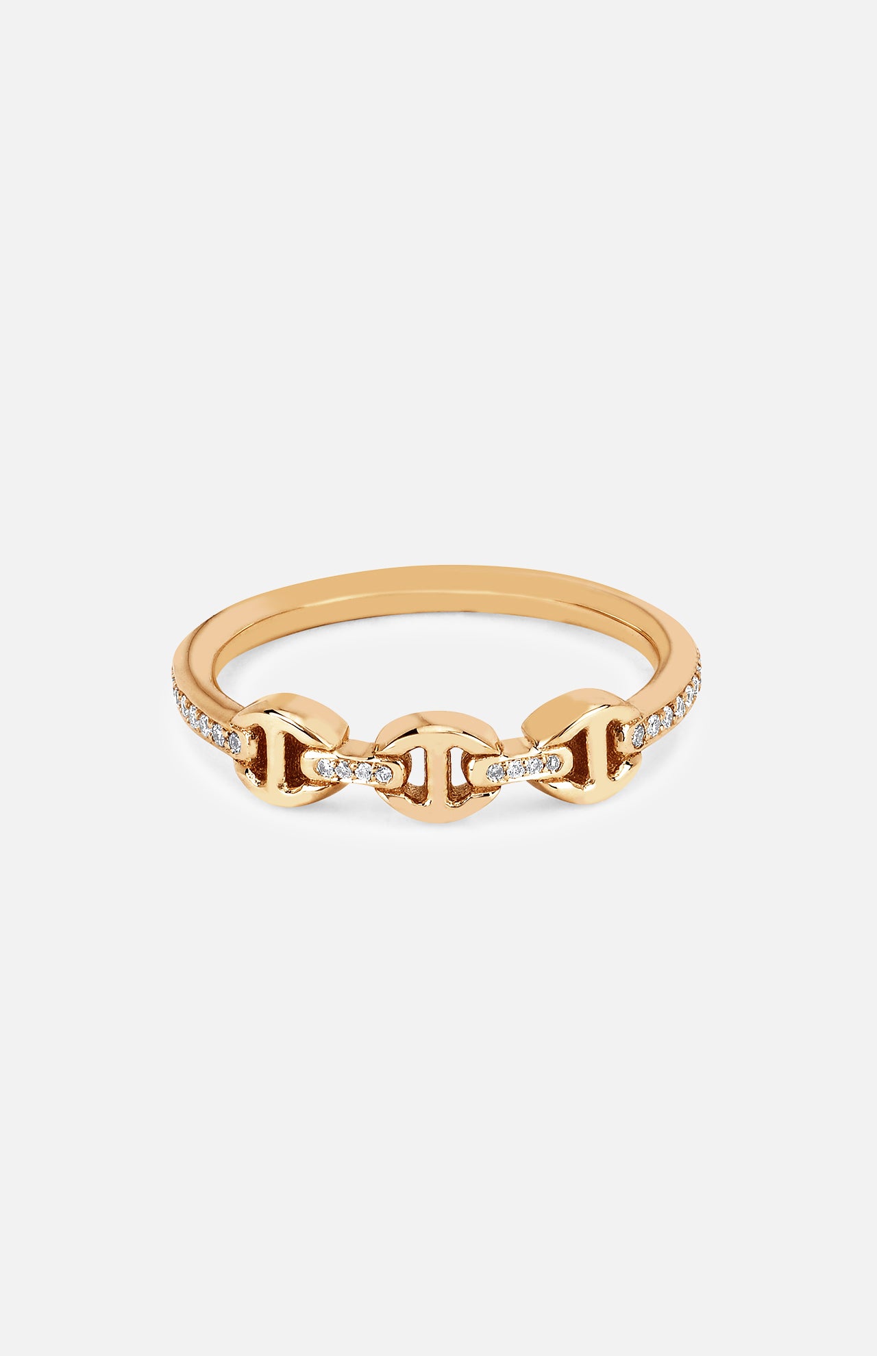 The HOORSENBUHS Micro Makers Eternity Diamond Ring features a yellow gold band with a tri-link center motif and diamond accents, shown on a white background—ideal as unisex jewelry.