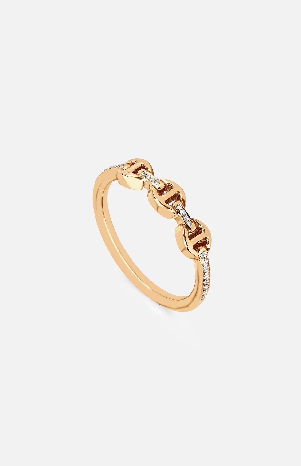The HOORSENBUHS Micro Makers Eternity Diamond Ring is a yellow gold band with a tri-link design, each link partially set with sparkling diamonds, shown against a plain white background.