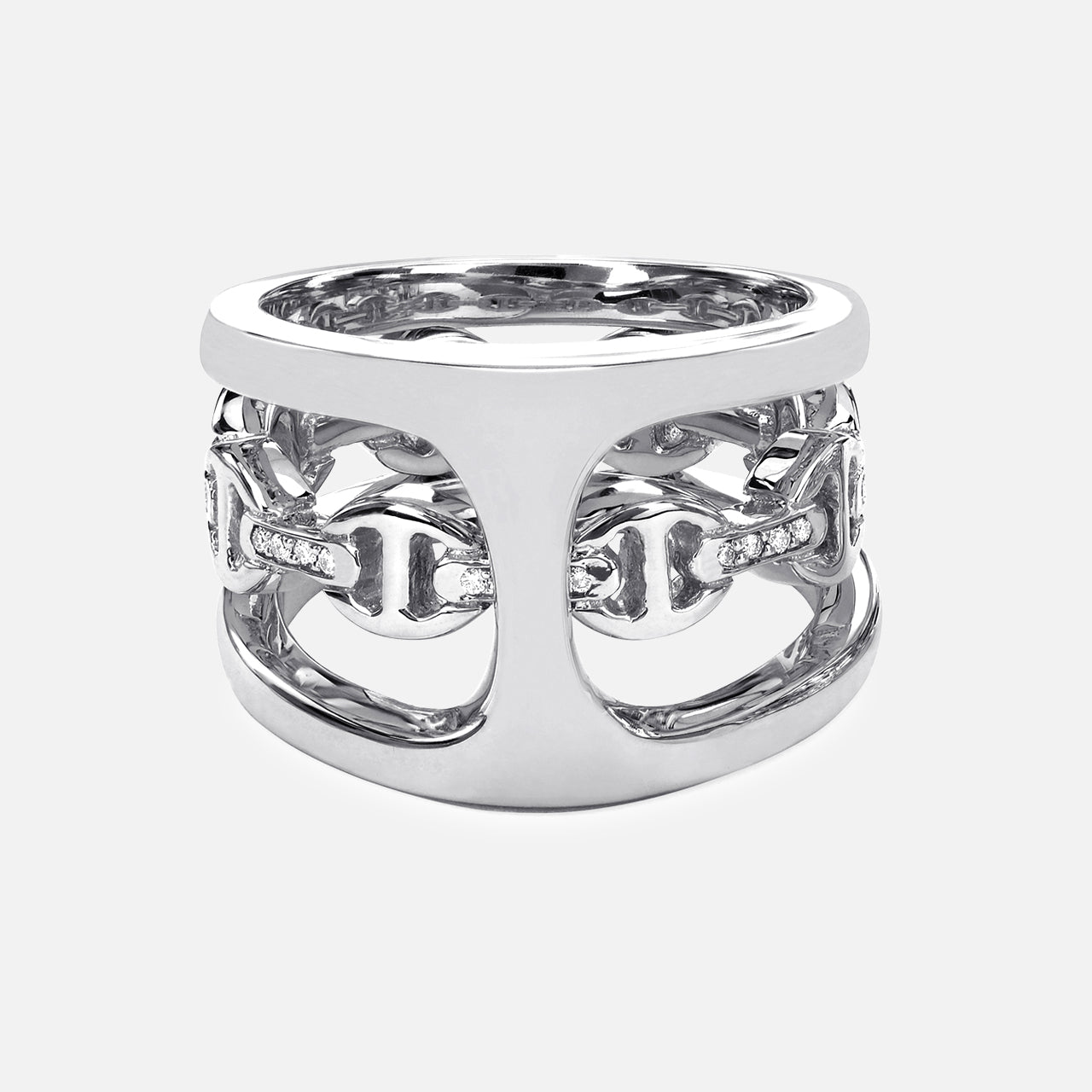 The HOORSENBUHS Phantom Clique Mixed Ring showcases interlocking chain-like links in white gold with diamond accents, making it a bold unisex jewelry piece displayed on a plain white background.