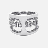 The HOORSENBUHS Phantom Clique Mixed Ring showcases interlocking chain-like links in white gold with diamond accents, making it a bold unisex jewelry piece displayed on a plain white background.