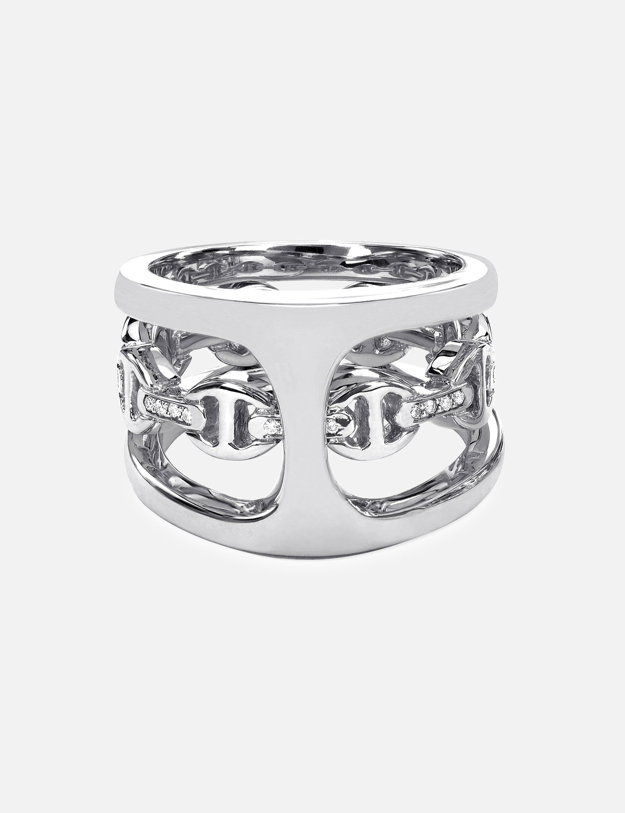 The HOORSENBUHS Phantom Clique Mixed Ring showcases interlocking chain-like links in white gold with diamond accents, making it a bold unisex jewelry piece displayed on a plain white background.