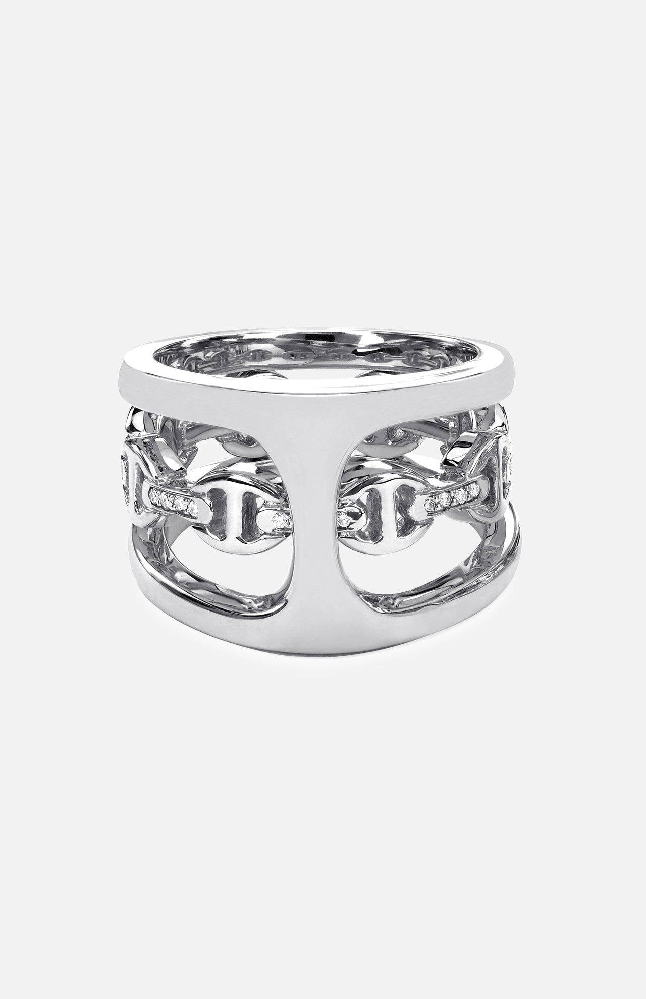 The HOORSENBUHS Phantom Clique Mixed Ring showcases interlocking chain-like links in white gold with diamond accents, making it a bold unisex jewelry piece displayed on a plain white background.