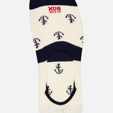 IN THE BOX’s Fantasmini Ancora Allover No Show Socks feature a white base with navy anchor print, navy toe and heel, plus a red logo near the top—crafted in Milan for stylish comfort.