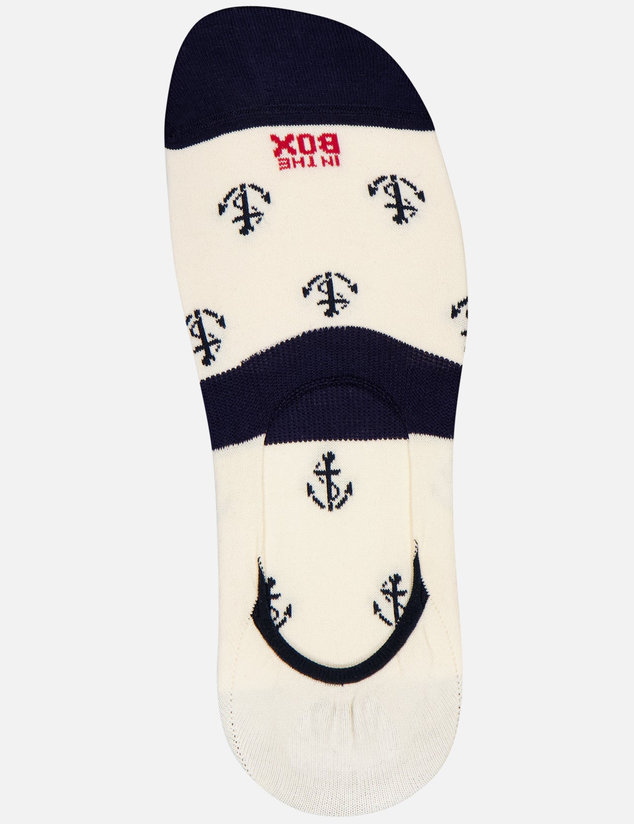 IN THE BOX’s Fantasmini Ancora Allover No Show Socks feature a white base with navy anchor print, navy toe and heel, plus a red logo near the top—crafted in Milan for stylish comfort.