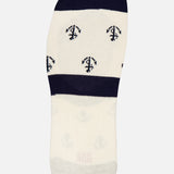 IN THE BOX Fantasmini Ancora Allover No Show Socks feature a cream base with navy stripes, solid navy toe and heel, plus allover nautical anchor prints for a classic maritime look. Shown from the bottom view.