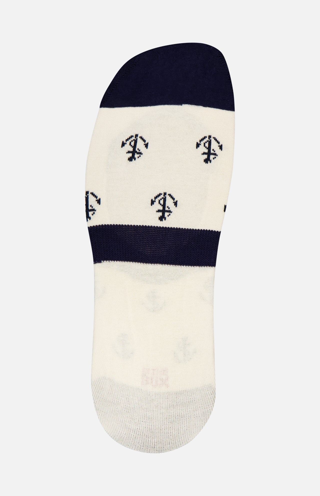 IN THE BOX Fantasmini Ancora Allover No Show Socks feature a cream base with navy stripes, solid navy toe and heel, plus allover nautical anchor prints for a classic maritime look. Shown from the bottom view.
