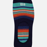 The Fantasmini Stripes No Show Socks by IN THE BOX are made in Milan with a navy base and horizontal teal, orange, blue, and green stripes. These low-cut socks have a large foot opening and "BOX IN LIKE" printed inside near the toe.