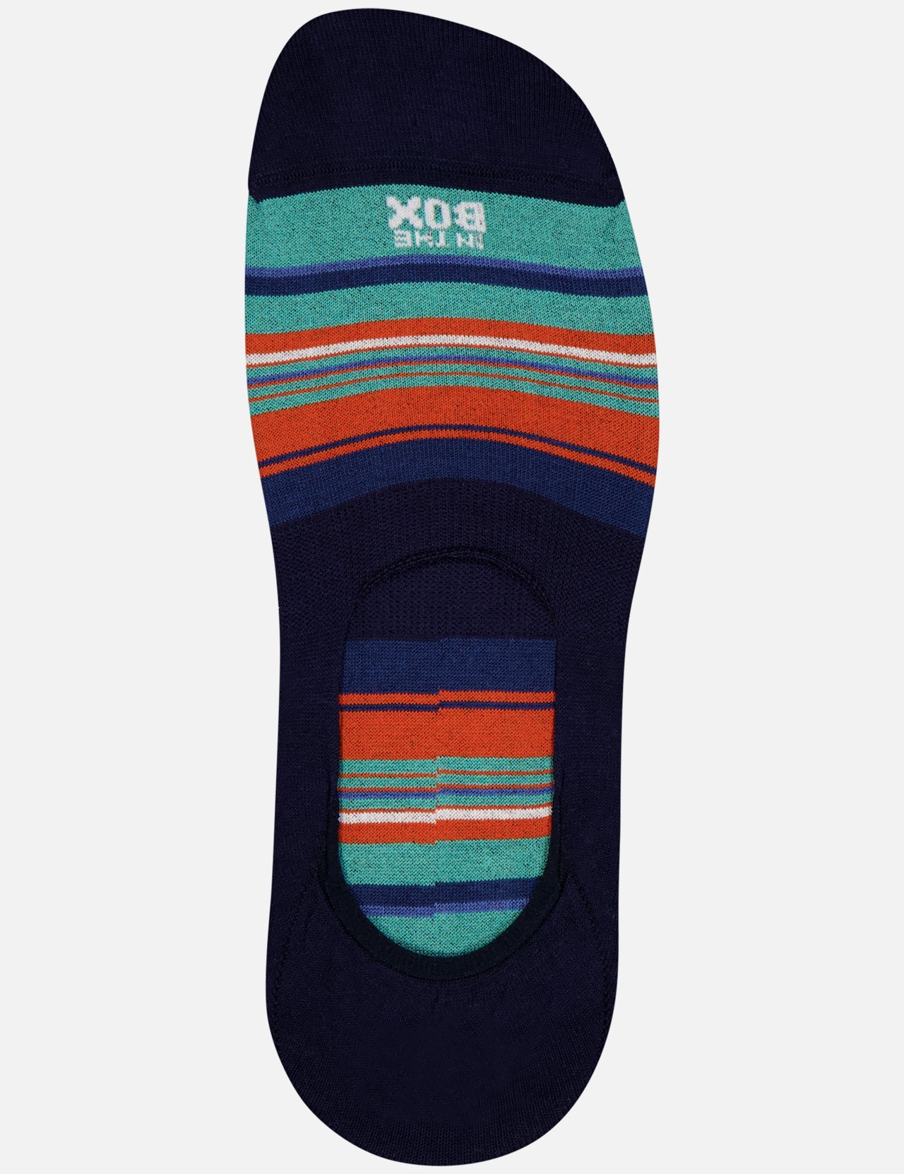 The Fantasmini Stripes No Show Socks by IN THE BOX are made in Milan with a navy base and horizontal teal, orange, blue, and green stripes. These low-cut socks have a large foot opening and "BOX IN LIKE" printed inside near the toe.