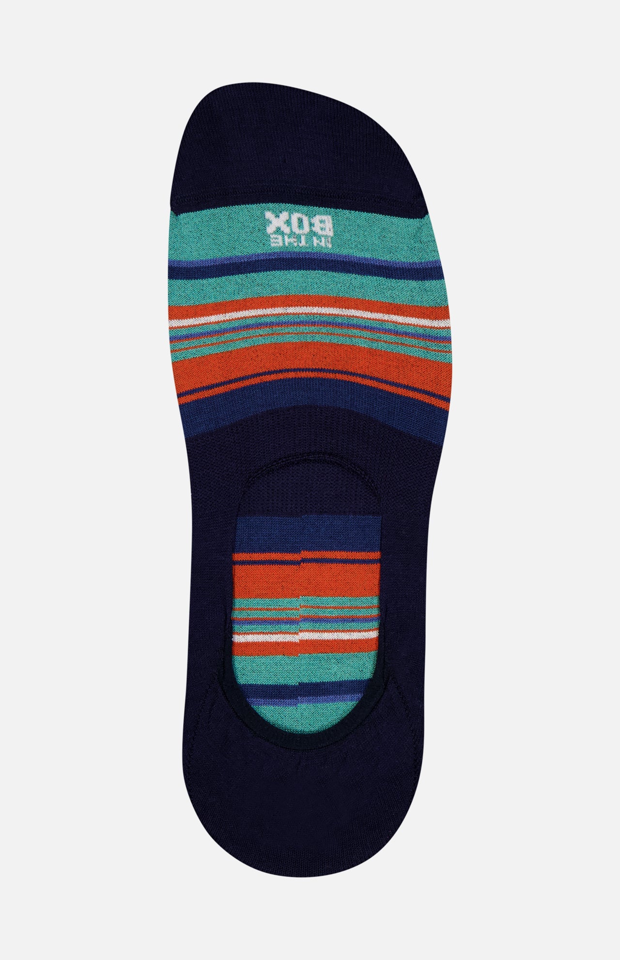 The Fantasmini Stripes No Show Socks by IN THE BOX are made in Milan with a navy base and horizontal teal, orange, blue, and green stripes. These low-cut socks have a large foot opening and "BOX IN LIKE" printed inside near the toe.
