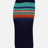 The IN THE BOX Fantasmini Stripes No Show Sock features horizontal turquoise, orange, and blue stripes near the ankle. Made in Milan, this single vibrant sock adds stylish flair to your everyday look. Displayed against a white background.