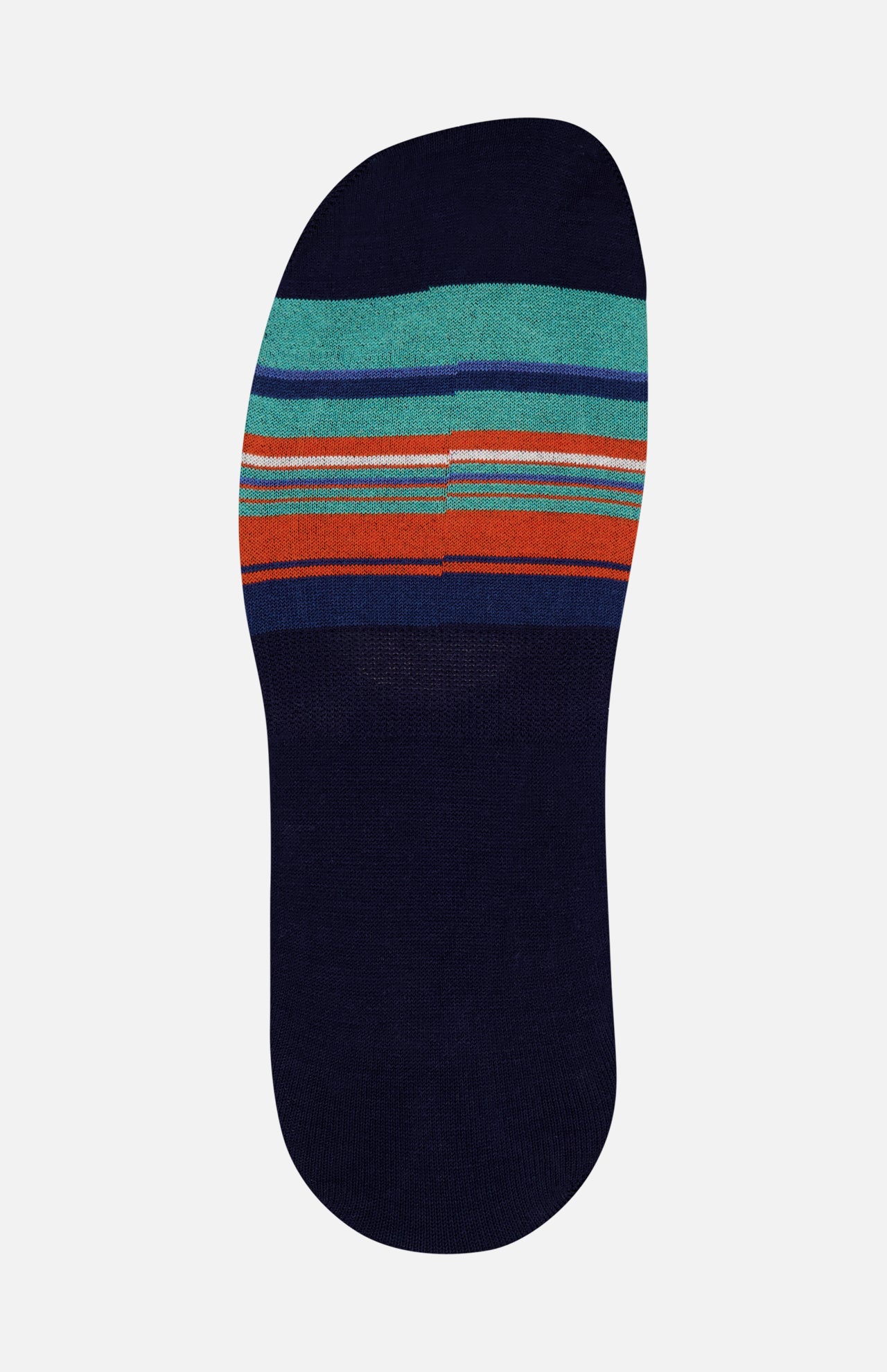 The IN THE BOX Fantasmini Stripes No Show Sock features horizontal turquoise, orange, and blue stripes near the ankle. Made in Milan, this single vibrant sock adds stylish flair to your everyday look. Displayed against a white background.