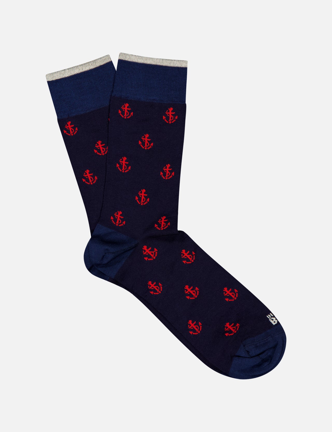 Ncora All Over Short Socks by IN THE BOX, featuring red anchor patterns on navy with dark blue toes, heels, and cuffs plus gray trim, displayed on a plain white background.