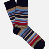 IN THE BOX's Stripes Short Socks feature blue, tan, olive green, red, and navy stripes on white with solid navy toes, heels, and cuffs. Made from a soft cotton blend, these socks add style to any outfit.