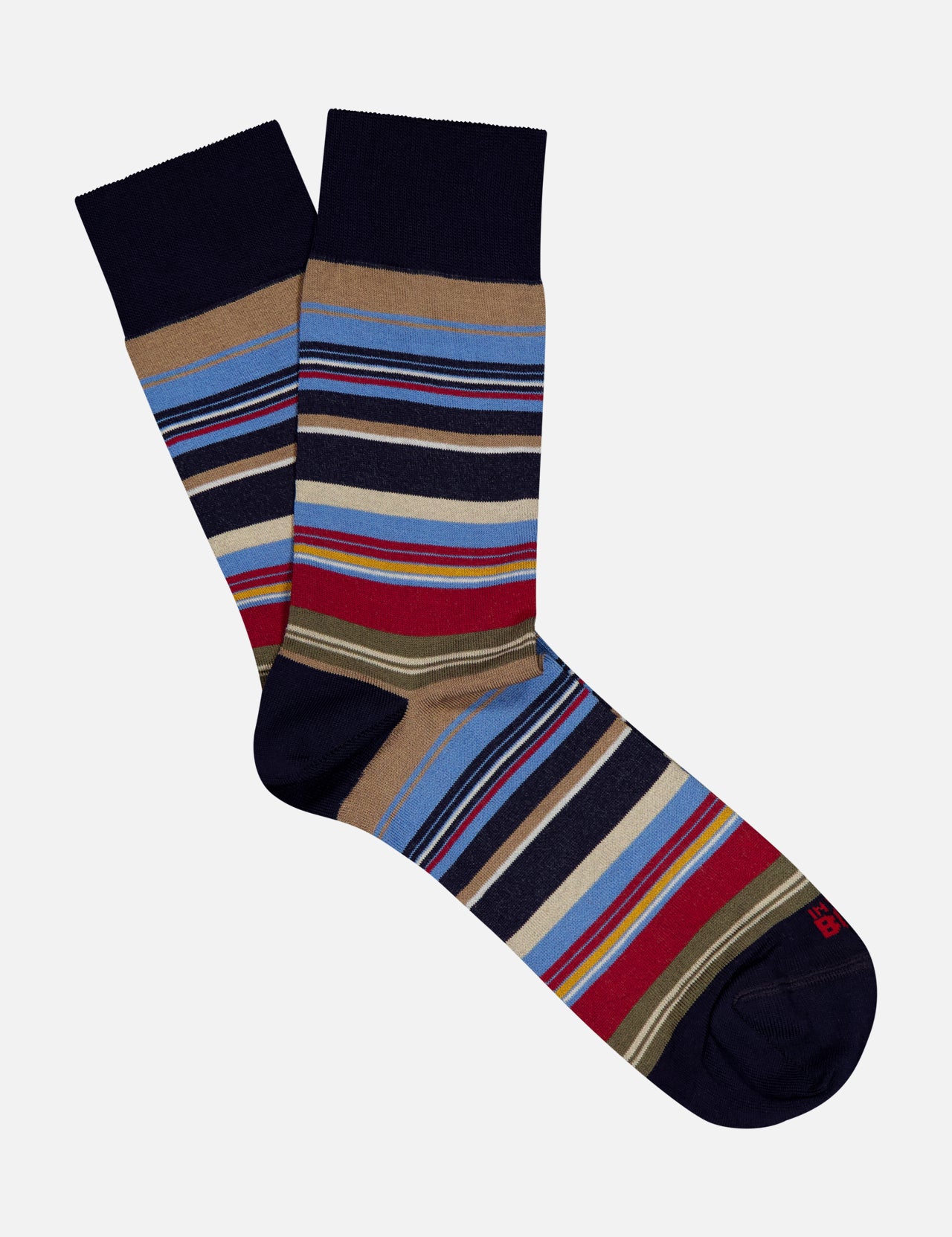 IN THE BOX's Stripes Short Socks feature blue, tan, olive green, red, and navy stripes on white with solid navy toes, heels, and cuffs. Made from a soft cotton blend, these socks add style to any outfit.