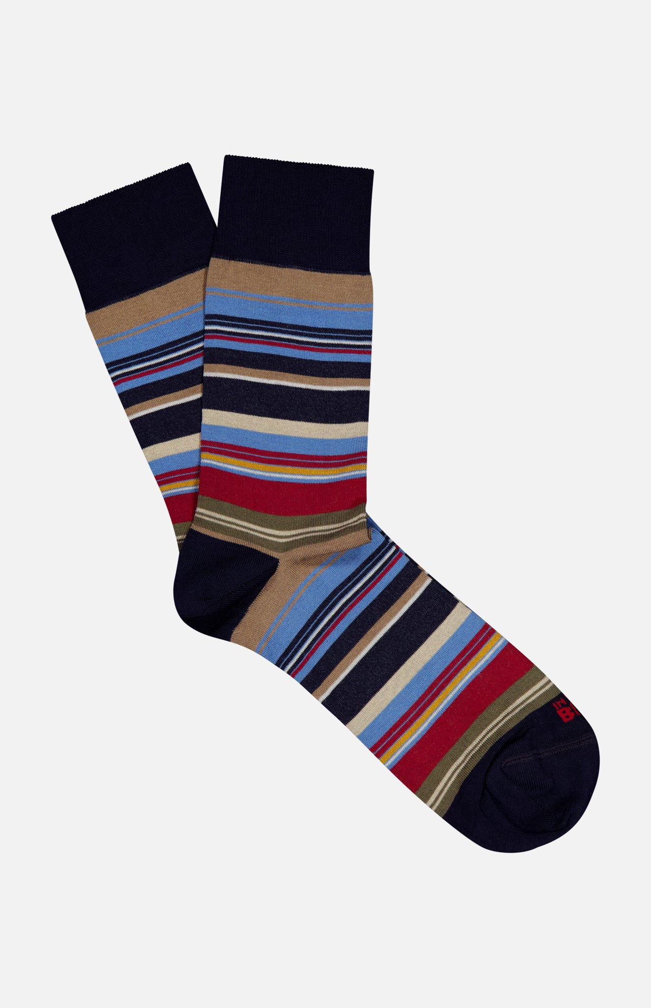 IN THE BOX's Stripes Short Socks feature blue, tan, olive green, red, and navy stripes on white with solid navy toes, heels, and cuffs. Made from a soft cotton blend, these socks add style to any outfit.