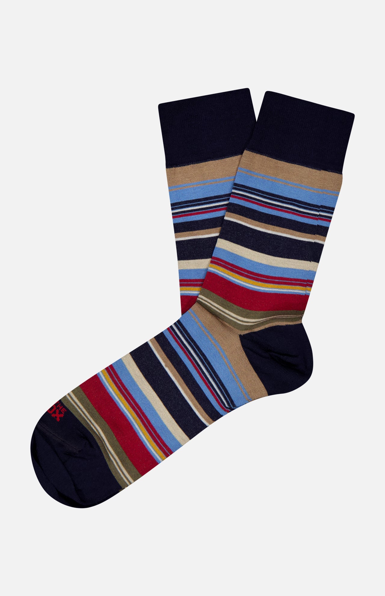The Stripes Short Socks by IN THE BOX are made in Milan from a cotton blend, featuring navy blue, light blue, red, beige, and white stripes on light gray with solid navy blue toe, heel, and cuff.