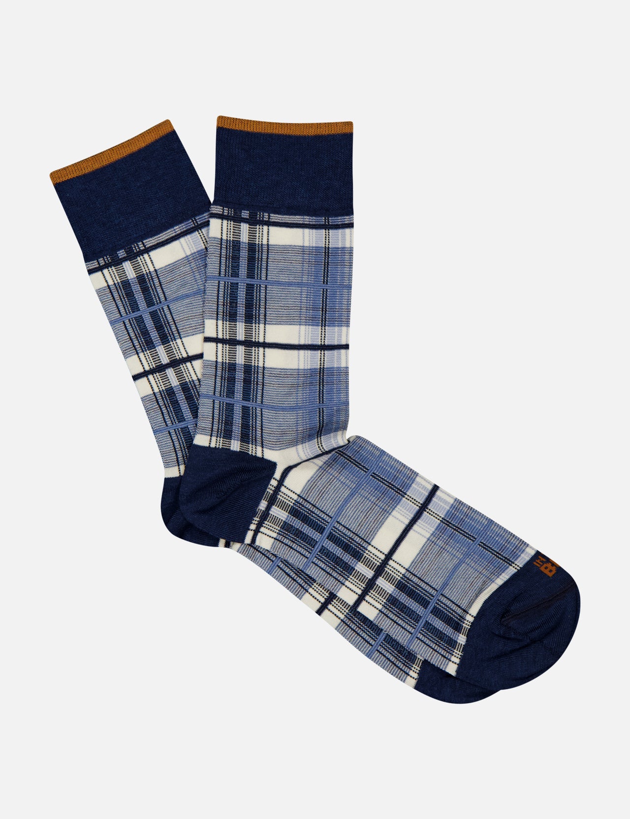 IN THE BOX Tartan Short Socks: blue and white plaid cotton-blend with dark blue toes, heels, and cuffs, finished with a thin brown stripe at the top. Socks are displayed flat on a light background.