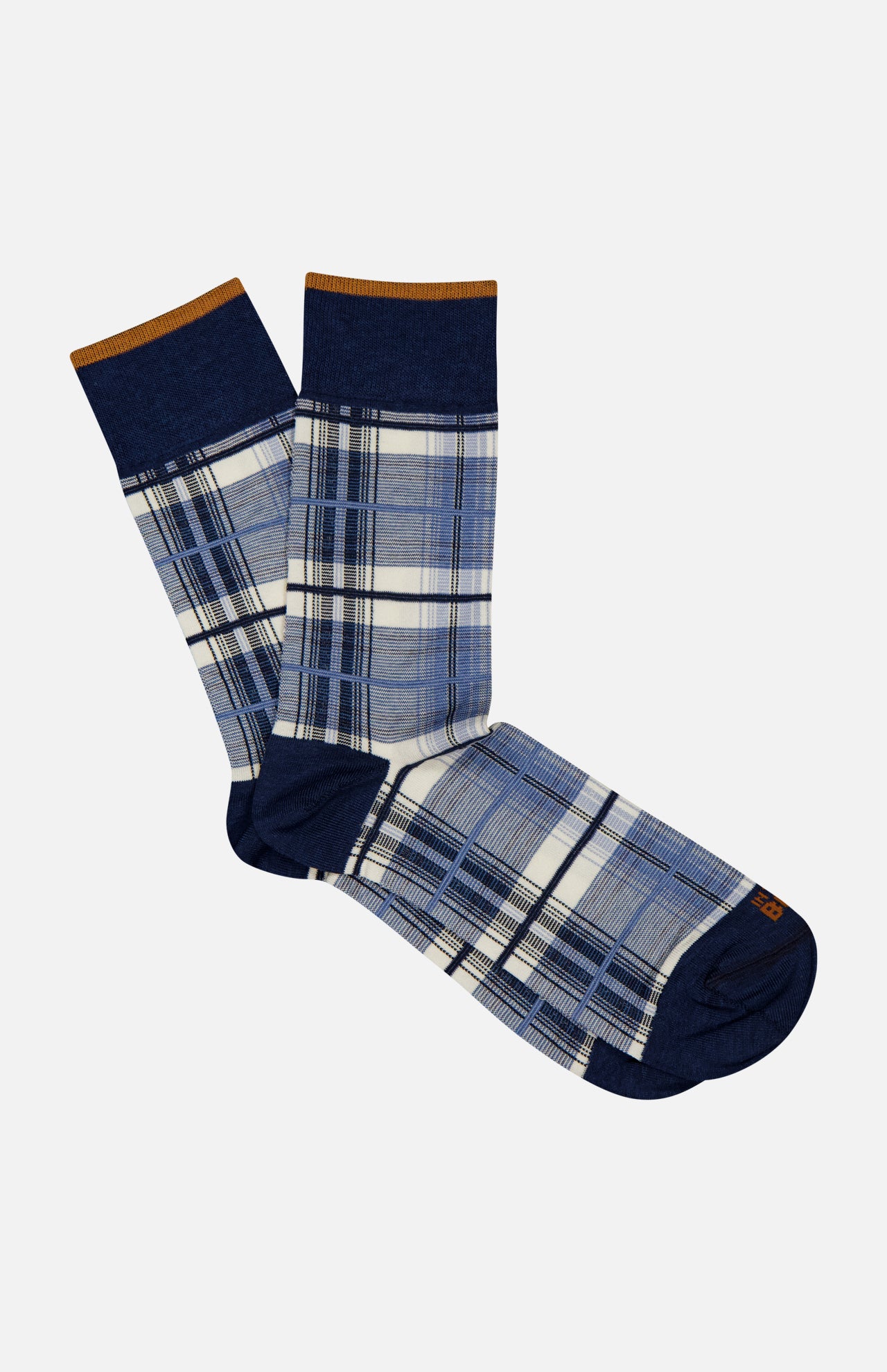 IN THE BOX Tartan Short Socks: blue and white plaid cotton-blend with dark blue toes, heels, and cuffs, finished with a thin brown stripe at the top. Socks are displayed flat on a light background.