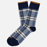 The IN THE BOX Tartan Short Socks feature a blue plaid cotton-blend design with navy accents and a brown top stripe. Made in Italy, these stylish socks are shown on a plain white background.
