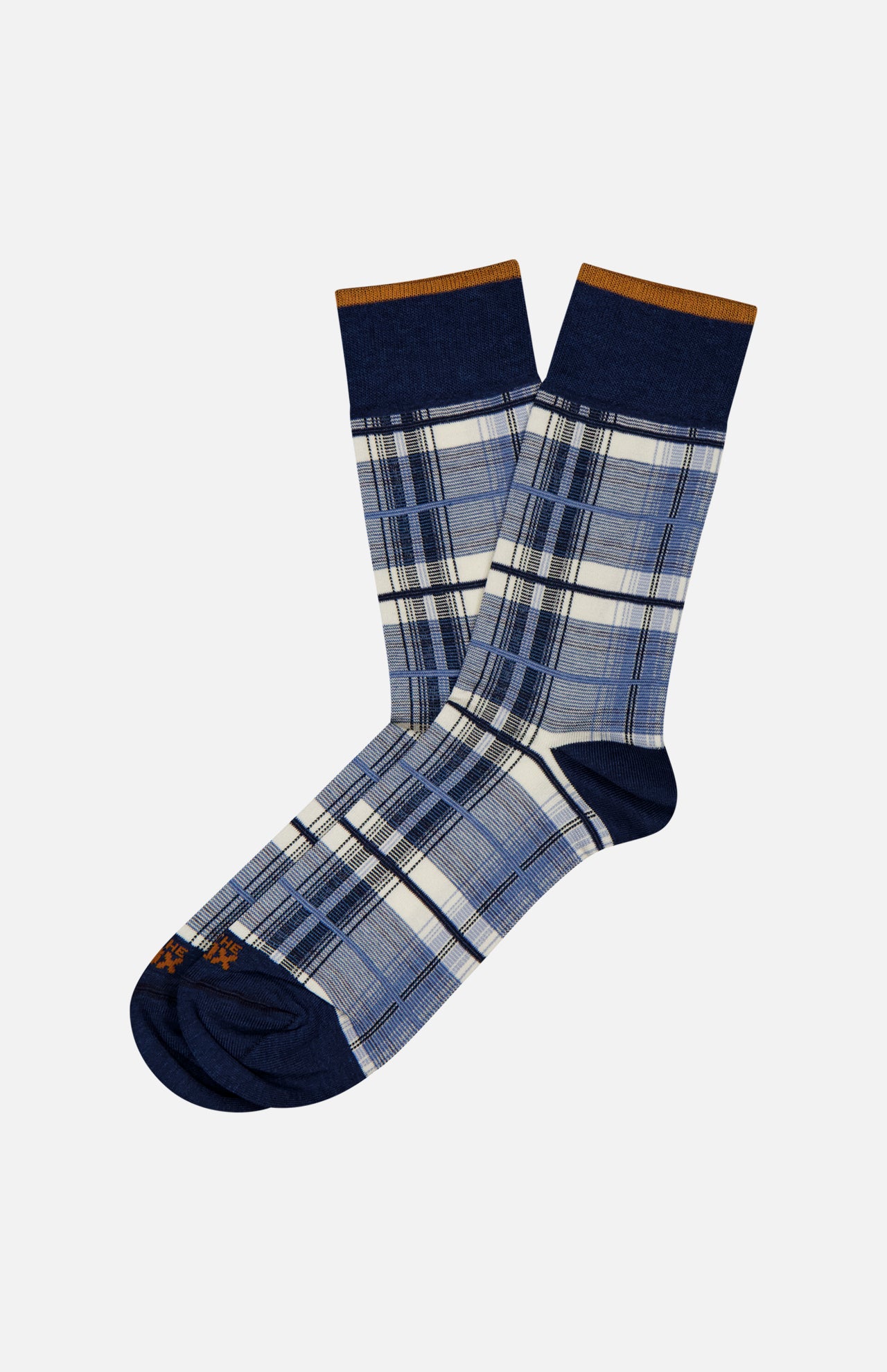 The IN THE BOX Tartan Short Socks feature a blue plaid cotton-blend design with navy accents and a brown top stripe. Made in Italy, these stylish socks are shown on a plain white background.