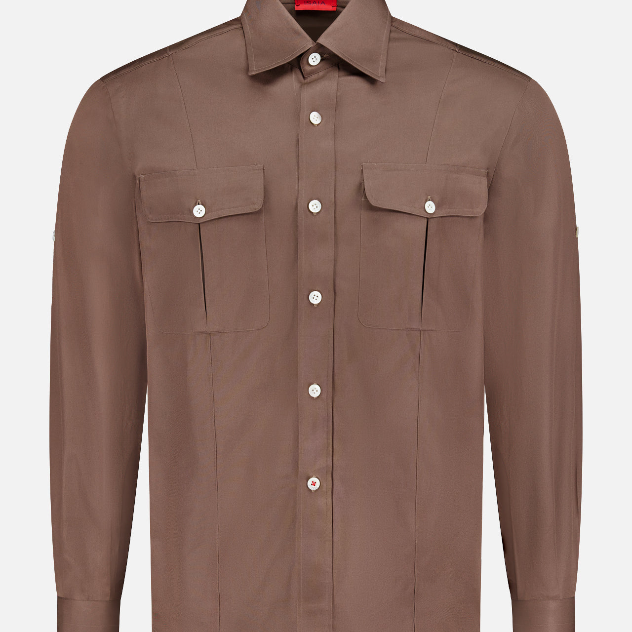 The ISAIA Camp Long Sleeve Dress Shirt for men, in brown, features two chest pockets with flap and button closures and is shown on a plain white background.