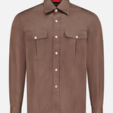 The ISAIA Camp Long Sleeve Dress Shirt for men, in brown, features two chest pockets with flap and button closures and is shown on a plain white background.
