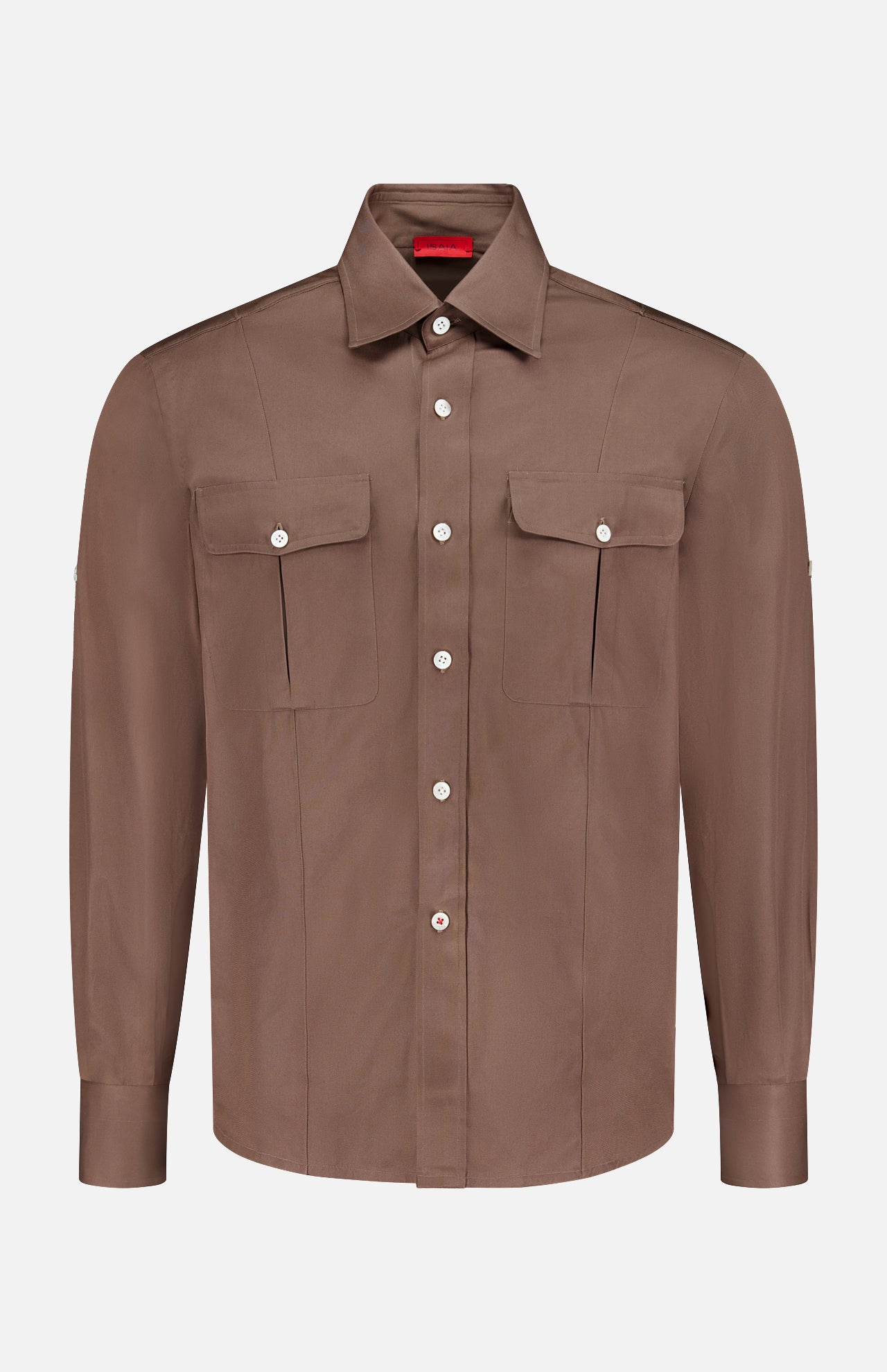 The ISAIA Camp Long Sleeve Dress Shirt for men, in brown, features two chest pockets with flap and button closures and is shown on a plain white background.